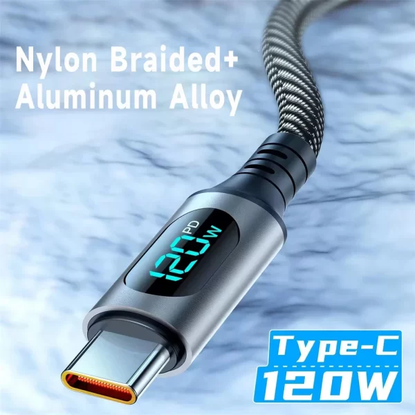 120W Type C Fast Charging Cable 6A USBA to Type C Nylon Data Cord for Xiaomi POCO Samsung With Led Digital Display USB C Cable - Imagem 2