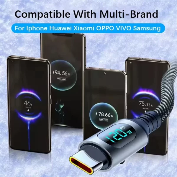 120W Type C Fast Charging Cable 6A USBA to Type C Nylon Data Cord for Xiaomi POCO Samsung With Led Digital Display USB C Cable - Imagem 6