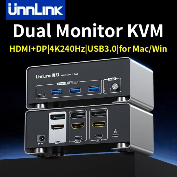 Unnlink 4K 240Hz HDMI + DP Dual Monitor KVM Switch 2 Monitor 2 Computer 8K 60Hz with USB 3.0 for Win/Mac PC Share Mouse Keyboard
