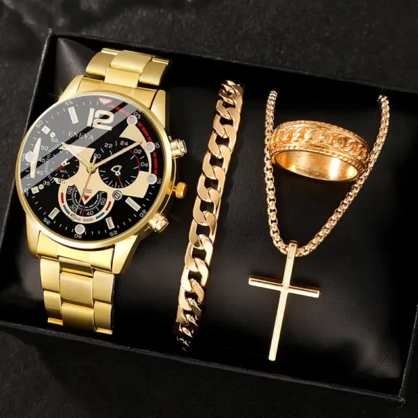 4pcs gold alloy Roman with calendar men's quartz watch and cross necklace bracelet ring set selected gift - Imagem 8