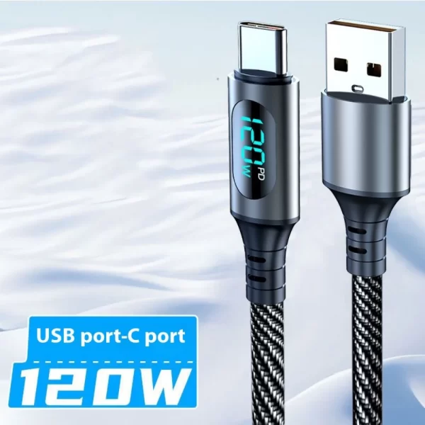 120W Type C Fast Charging Cable 6A USBA to Type C Nylon Data Cord for Xiaomi POCO Samsung With Led Digital Display USB C Cable - Imagem 7