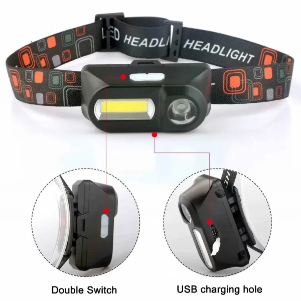 Portable Mini XPE+COB LED Headlamp USB Rechargeable Use 18650 Battery Head Lamp Camping Fishing Headlight Flashlight Torch - Imagem 2