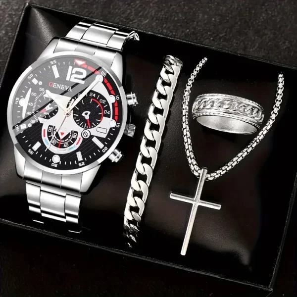 4pcs gold alloy Roman with calendar men's quartz watch and cross necklace bracelet ring set selected gift - Imagem 9