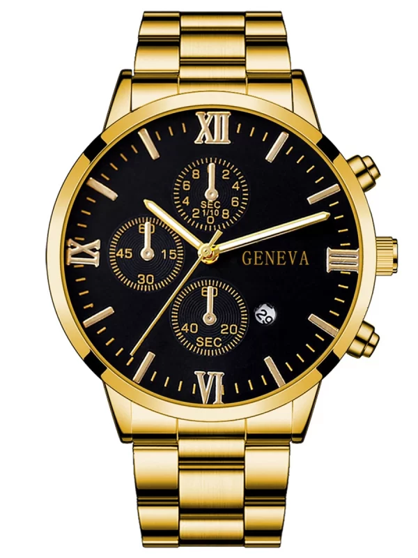 4pcs gold alloy Roman with calendar men's quartz watch and cross necklace bracelet ring set selected gift - Imagem 6