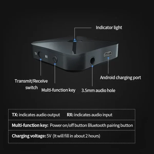 2 In 1 Bluetooth Audio Receiver Transmitter 3.5mm AUX Jack RCA USB Dongle Music Stereo Wireless Adapter For Car TV PC Headphone - Imagem 5
