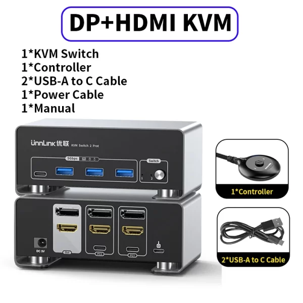 Unnlink 4K 240Hz HDMI + DP Dual Monitor KVM Switch 2 Monitor 2 Computer 8K 60Hz with USB 3.0 for Win/Mac PC Share Mouse Keyboard - Imagem 9
