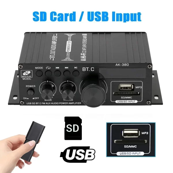 Bluetooth Amplifier AK380/AK370/AK170 800W Audio Karaoke Home Theater Amplifiers 2 Channel Power Class D Amplifie-r USB SD AUX - Imagem 3