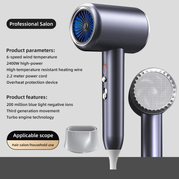 New High-Speed Hair Dryer 2400W High-Power Negative Ion Ultra Silent Recommended Professional Hair Dryer For Home Hair Salons - Imagem 8