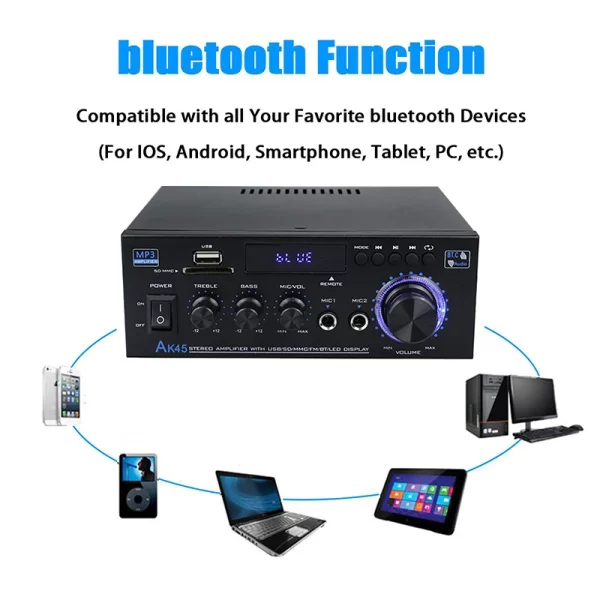 Ak35/ak45 800w amplificador de potência doméstica 2 canais bluetooth 5.0 mini amplificador de som estéreo digital hifi suporte fm usb entrada de microfone sd - Imagem 2