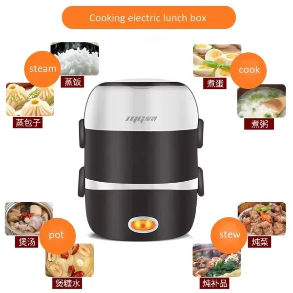 Mini panela elétrica de arroz de aço inoxidável, 2/3 camadas, vaporizador portátil, aquecimento térmico, lancheira, recipiente para alimentos, aquecedor - Imagem 3