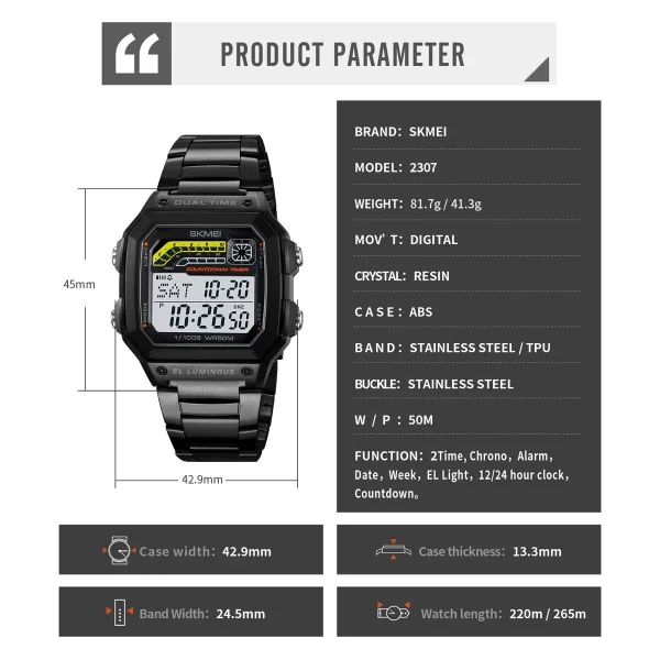 Skmei Men Military Countdown Chrono Stopwatch Wristwatch 5Bar Waterproof Alarm Clock Back Light Digital Sport Watch Reloj Hombre - Imagem 6