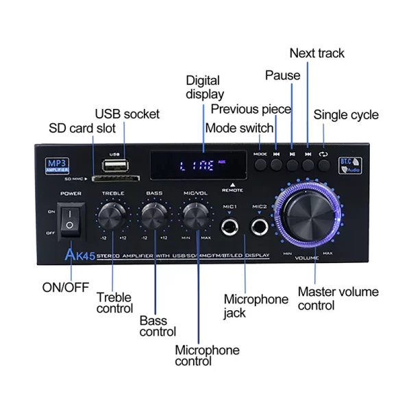 Ak35/ak45 800w amplificador de potência doméstica 2 canais bluetooth 5.0 mini amplificador de som estéreo digital hifi suporte fm usb entrada de microfone sd - Imagem 4