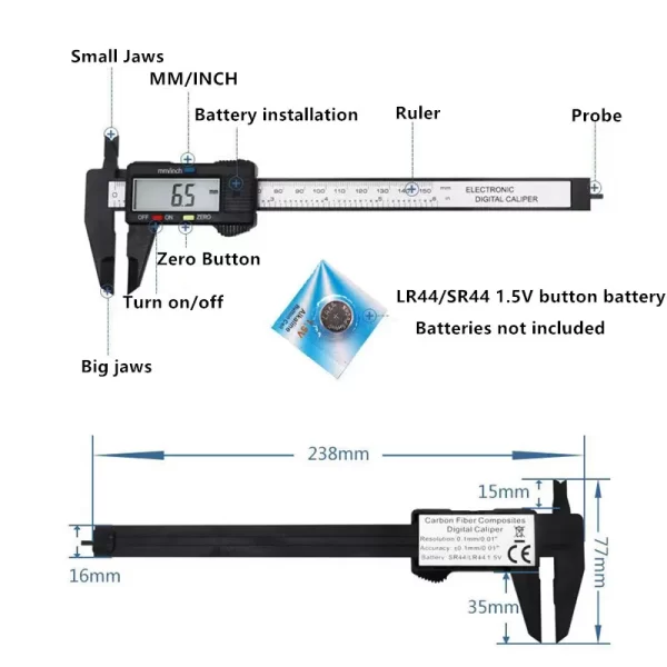 150mm 100mm Electronic Digital Caliper Carbon Fiber Dial Vernier Caliper Gauge Micrometer Measuring Tool Digital Ruler - Imagem 3