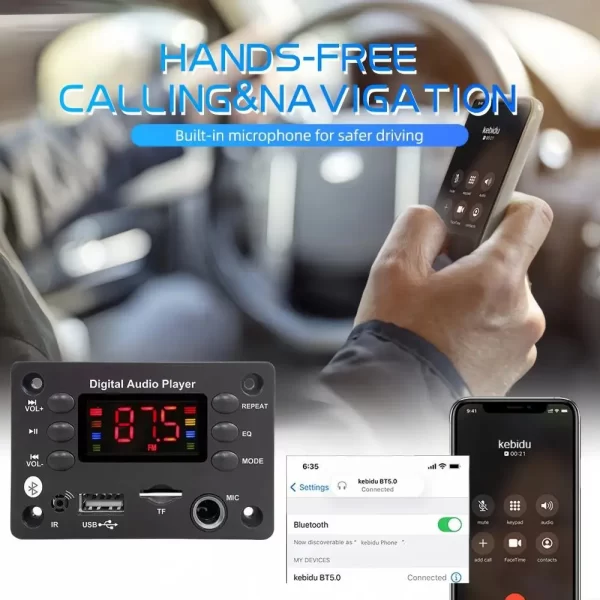 Bluetooth 5.0 DC 12V MP3 Decoder Board Wireless Car MP3 Player USB Handsfree Microphone Recording TF FM Radio Power Off Memory - Imagem 3