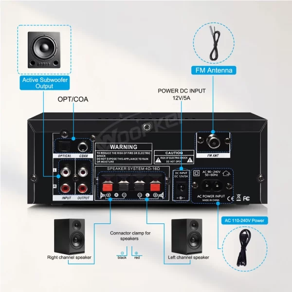 Woopker Amplifier AK55 900W Max 2.0 Channel Rated 70W+70W Bluetooth Audio Hifi AMP Karaoke Music Player Support 110V 220V 12V - Imagem 4
