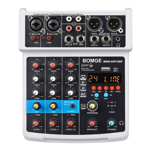 BOMGE 4 Channel DJ Audio Sound Mixer Interface Mixing Console Desktop Karaoke with MP3 Input USB Bluetooth Input Stereo - Imagem 7