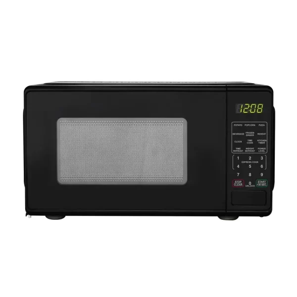 Compact 0.7 Cu ft 700W Black Countertop Microwave Oven LED Display Timer Clock Defrost Child-Safe Lockout Push-Button Door 10
