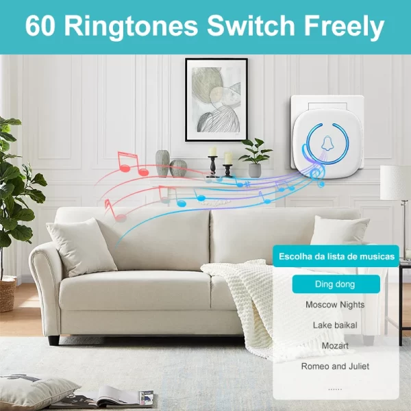 Wireless Doorbell Intelligent Welcome Door Bell 300M/984 FT Remote 60 Songs Melodies Home Smart Doorbell US EU Plug Optional - Imagem 3
