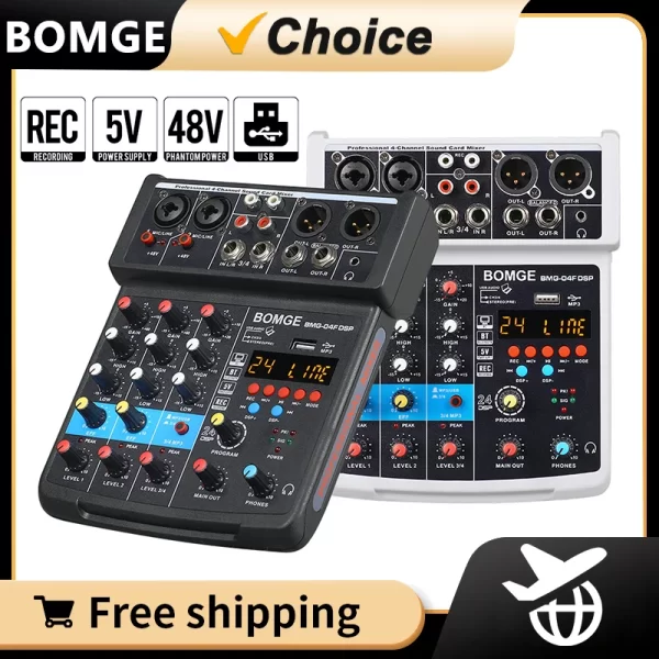 BOMGE 4 Channel DJ Audio Sound Mixer Interface Mixing Console Desktop Karaoke with MP3 Input USB Bluetooth Input Stereo