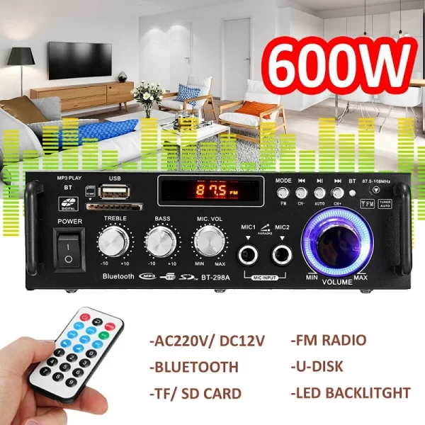 300W+300W Digital HIFI Audio Stereo Power Amplifier BT-298A Bluetooth Amplifiers 12V/ 220V - Imagem 4