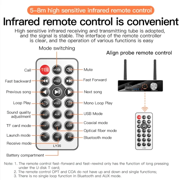 Bluetooth Transmitter Receiver BT5.3 Stereo Low Latency AUX 3.5mm Optical Wireless Music Audio Adapter Remote Control For TV PC - Imagem 6