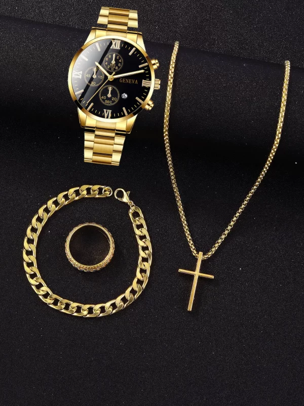 4pcs gold alloy Roman with calendar men's quartz watch and cross necklace bracelet ring set selected gift - Imagem 2