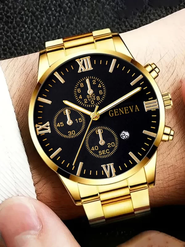 4pcs gold alloy Roman with calendar men's quartz watch and cross necklace bracelet ring set selected gift - Imagem 5