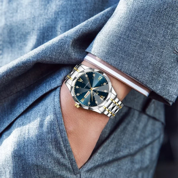 Men Watch Water Diamond Luxury Night Glow Double Calendar Quartz Movement 41mm Blue Gold Stainless Steel Fashion Business Watch - Imagem 6