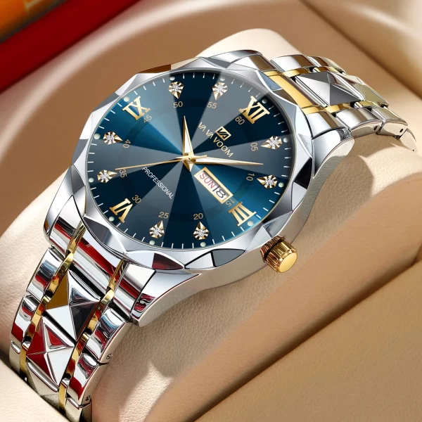 Men Watch Water Diamond Luxury Night Glow Double Calendar Quartz Movement 41mm Blue Gold Stainless Steel Fashion Business Watch - Imagem 7