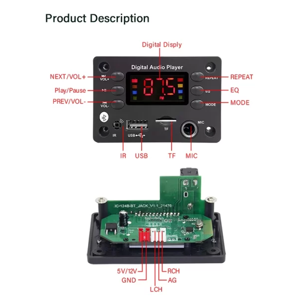 Bluetooth 5.0 DC 12V MP3 Decoder Board Wireless Car MP3 Player USB Handsfree Microphone Recording TF FM Radio Power Off Memory - Imagem 5