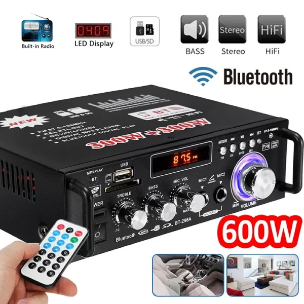300W+300W Digital HIFI Audio Stereo Power Amplifier BT-298A Bluetooth Amplifiers 12V/ 220V - Imagem 3