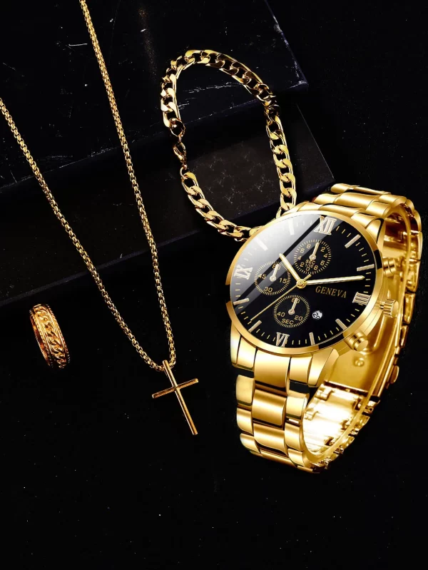 4pcs gold alloy Roman with calendar men's quartz watch and cross necklace bracelet ring set selected gift - Imagem 3