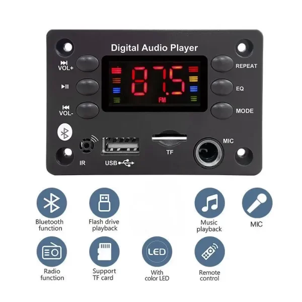 Bluetooth 5.0 DC 12V MP3 Decoder Board Wireless Car MP3 Player USB Handsfree Microphone Recording TF FM Radio Power Off Memory - Imagem 4