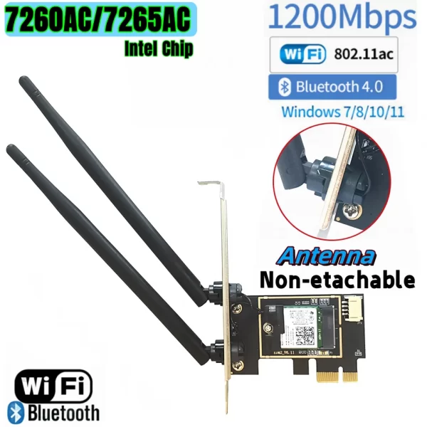 1200Mbps PCI-E WIFI Wireless Network Card Desktop Dual Band antenna 8DB 2.4G 5G PCI e PCIe  2 in 1 WIFI Bluetooth Adapter 7260AC - Imagem 9