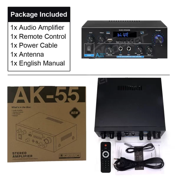 Woopker Amplifier AK55 900W Max 2.0 Channel Rated 70W+70W Bluetooth Audio Hifi AMP Karaoke Music Player Support 110V 220V 12V - Imagem 6