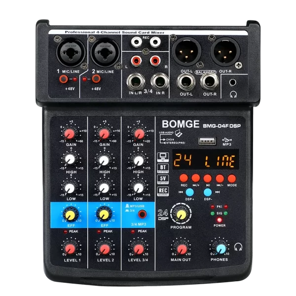 BOMGE 4 Channel DJ Audio Sound Mixer Interface Mixing Console Desktop Karaoke with MP3 Input USB Bluetooth Input Stereo - Imagem 8