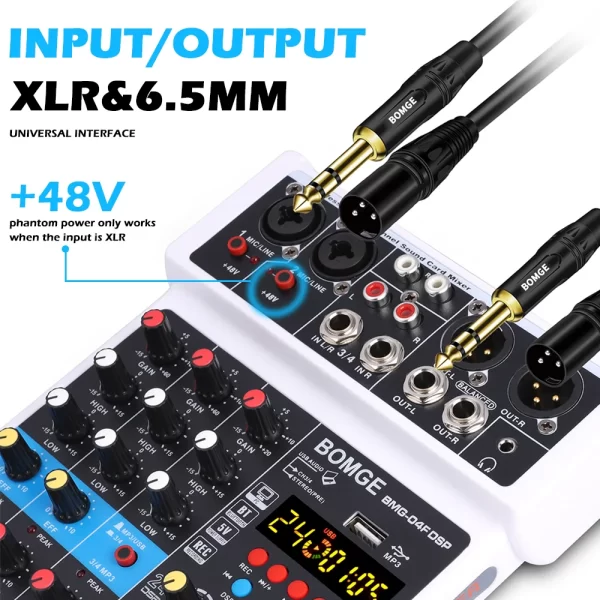 BOMGE 4 Channel DJ Audio Sound Mixer Interface Mixing Console Desktop Karaoke with MP3 Input USB Bluetooth Input Stereo - Imagem 6