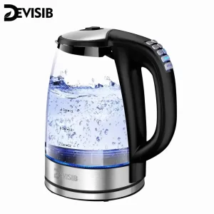 DEVISIB 2.0L Electric Glass Kettle 2200W with Temperature Control 4-Hour Keep Warm Auto-Off Boil-Dry Protection for Coffee & Tea