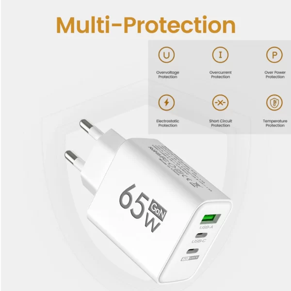 65w gan usb carregador rápido tipo c pd carregador de carregamento rápido adaptador de alimentação do telefone móvel para iphone 14 15 pro xiaomi samsung oneplus - Imagem 6