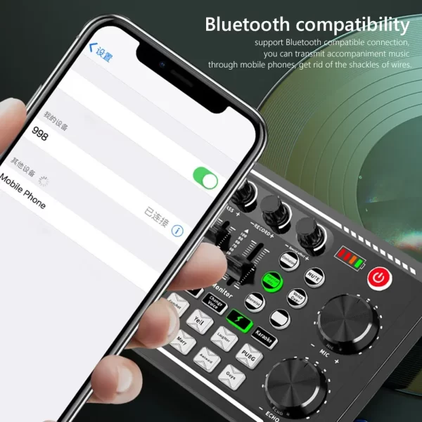 F998 Sound Card Professional Bluetooth-Compatible Studio Record For Phone PC Audio Mixing Console Amplifier Live Music Mixer - Imagem 4