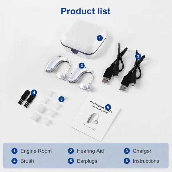 Rechargeable Digital Hearing Aid Adjustable Tone Best Sound Amplifier Portable Deaf Elderly BTE Hearing Aid - Imagem 6