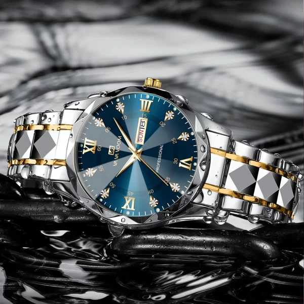 Men Watch Water Diamond Luxury Night Glow Double Calendar Quartz Movement 41mm Blue Gold Stainless Steel Fashion Business Watch - Imagem 2