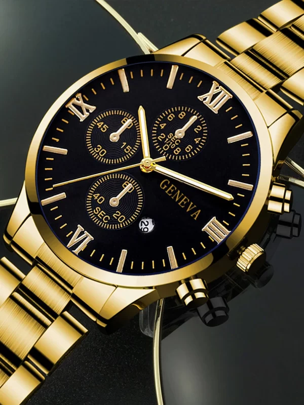 4pcs gold alloy Roman with calendar men's quartz watch and cross necklace bracelet ring set selected gift - Imagem 4