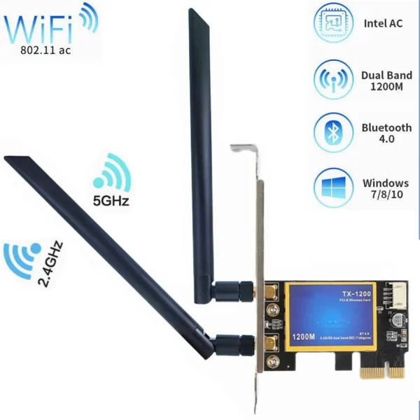 1200Mbps PCI-E WIFI Wireless Network Card Desktop Dual Band antenna 8DB 2.4G 5G PCI e PCIe  2 in 1 WIFI Bluetooth Adapter 7260AC - Imagem 2