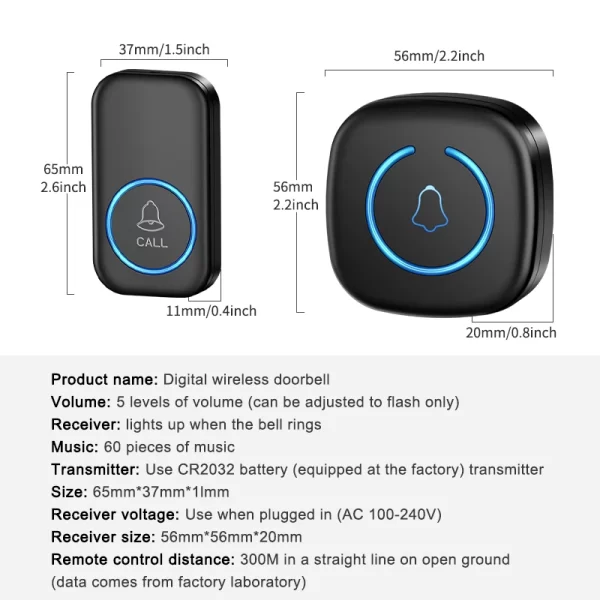 Wireless Doorbell Intelligent Welcome Door Bell 300M/984 FT Remote 60 Songs Melodies Home Smart Doorbell US EU Plug Optional - Imagem 6