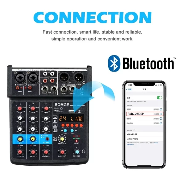 BOMGE 4 Channel DJ Audio Sound Mixer Interface Mixing Console Desktop Karaoke with MP3 Input USB Bluetooth Input Stereo - Imagem 3