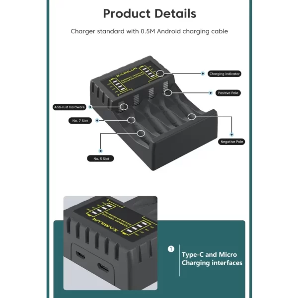 AA/AAA Battery Charger 4 Slots Intelligent LED Indicator USB C Micro Charger for Ni-MH/Ni-Cd Rechargeable AA/AAA Battery Charger - Imagem 5