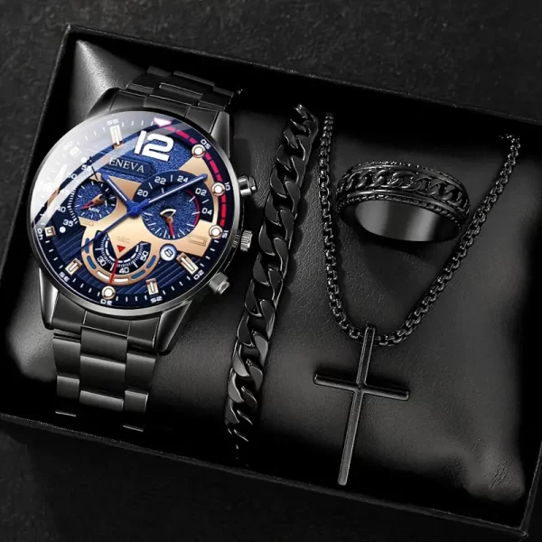 4pcs gold alloy Roman with calendar men's quartz watch and cross necklace bracelet ring set selected gift - Imagem 7