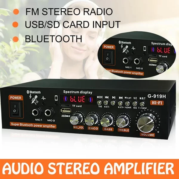 1000W G-919H Home Power Amplifier HIFI Bluetooth 5.0 Audio AMP Audio Amplificador Subwoofer Speakers 220V/110V FM USB Amplifiers - Imagem 2
