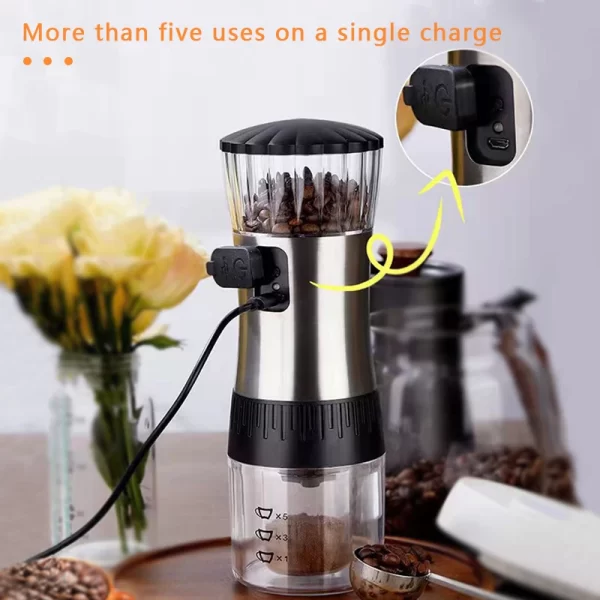 Moedor de café elétrico com rebarbas ajustáveis, moedor cônico de grãos de café com carregamento USB, moedor de grãos de café em cerâmica - Imagem 2